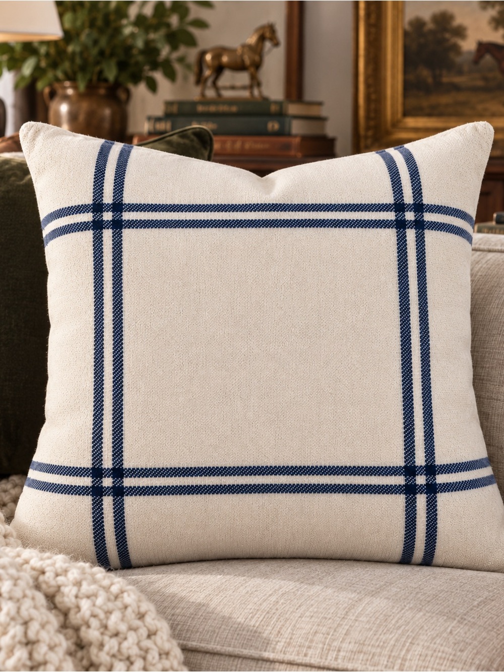 Set of 2 Ralph Lauren Home Wool Plaid Euro Pillow Shams 29” Cream Navy